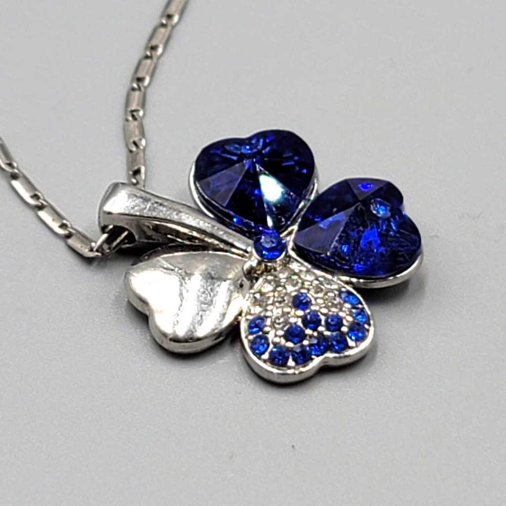 Shamrock Clover Necklace Blue Rhinestone Silver tone Chain 16"-18"