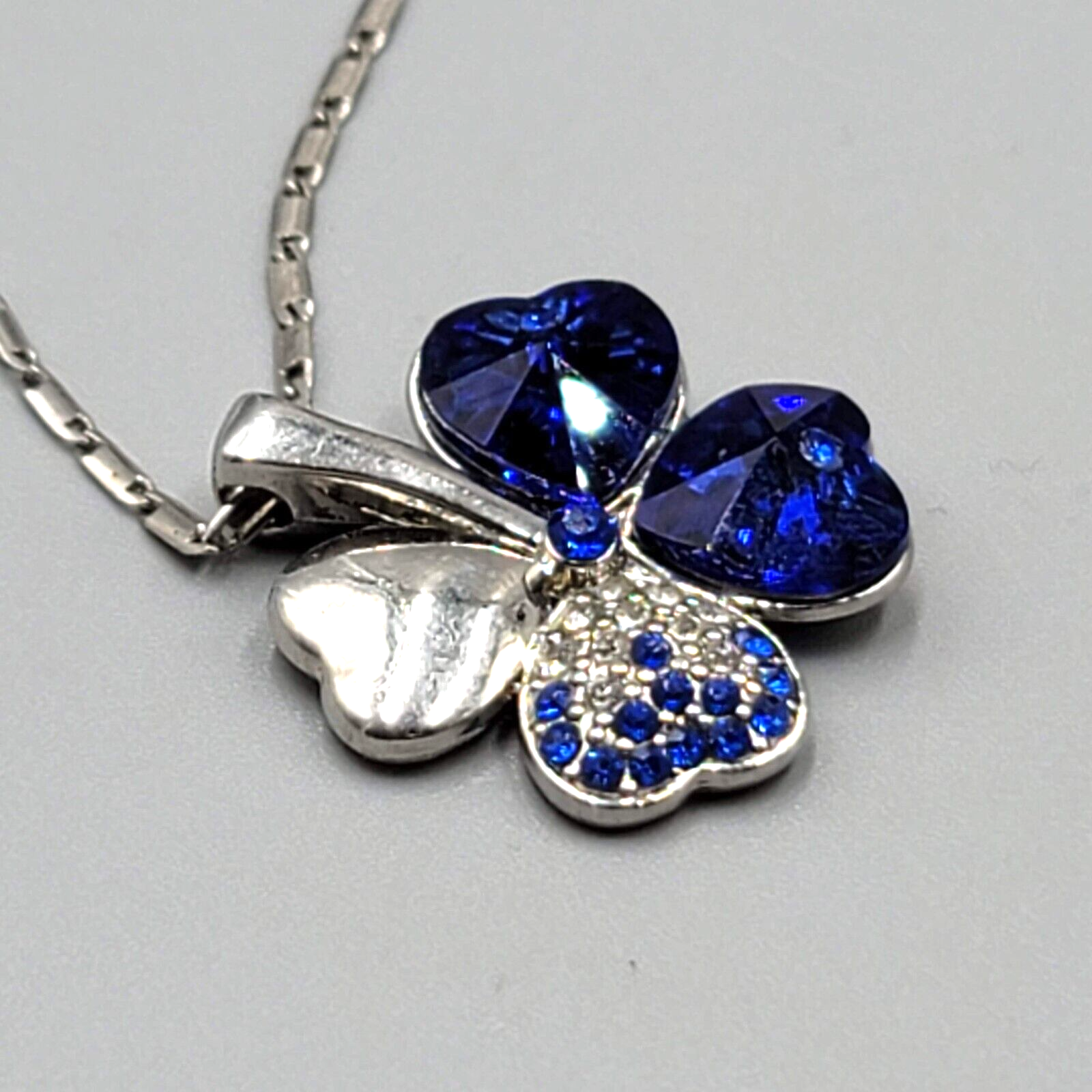 Shamrock Clover Necklace Blue Rhinestone Silver tone Chain 16"-18"