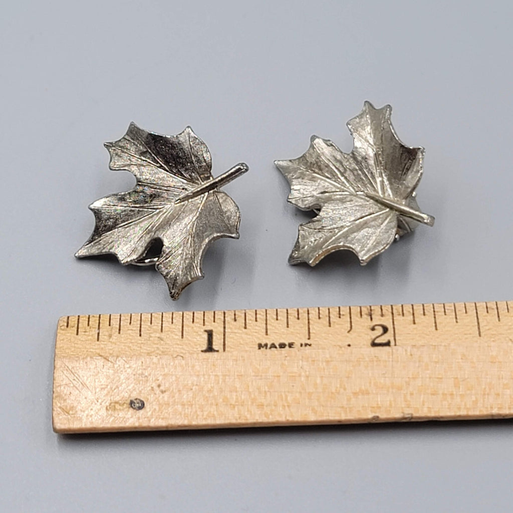 Vintage Leaf Clip on Earrings Brushed Textured Silver tone 1.25"