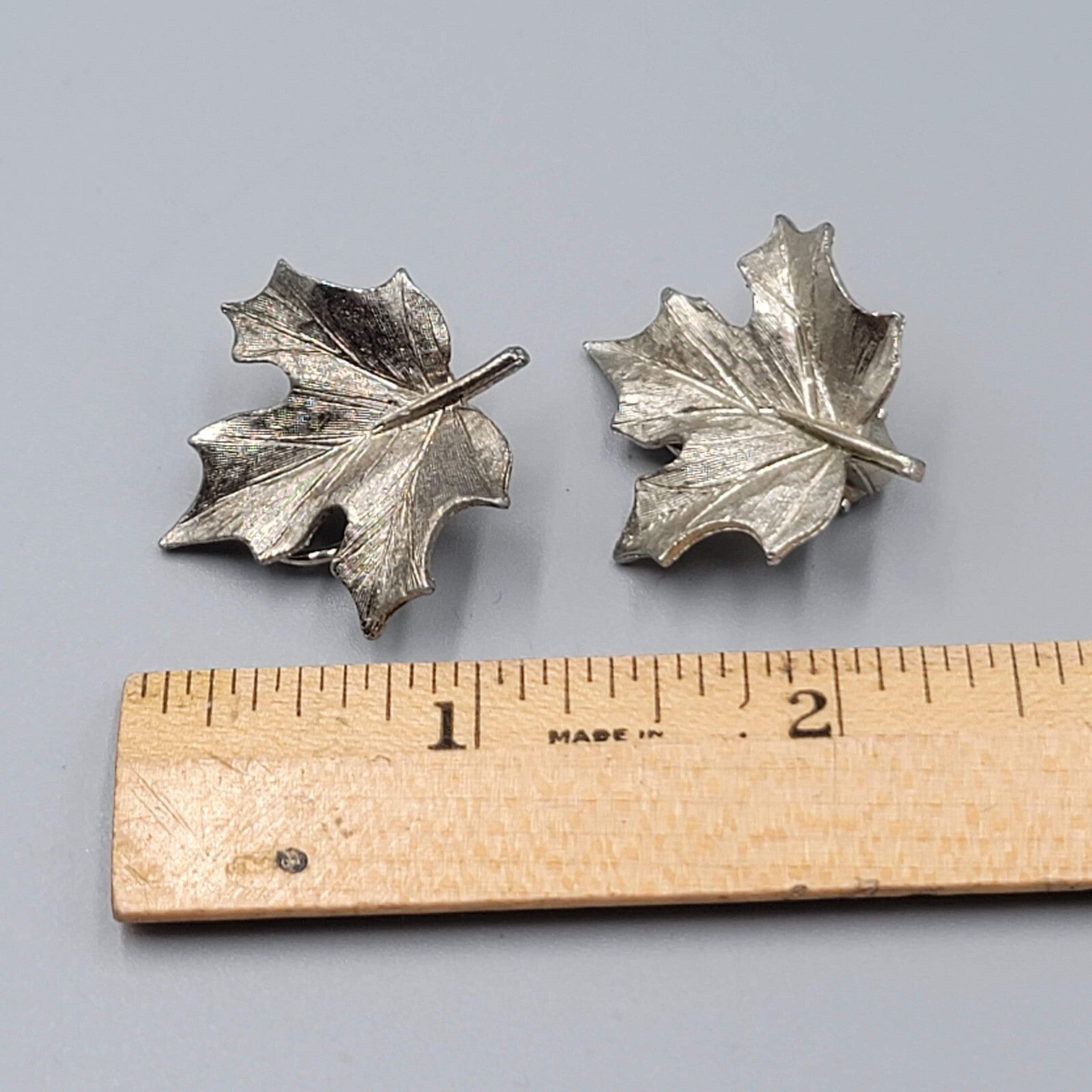 Vintage Leaf Clip on Earrings Brushed Textured Silver tone 1.25"