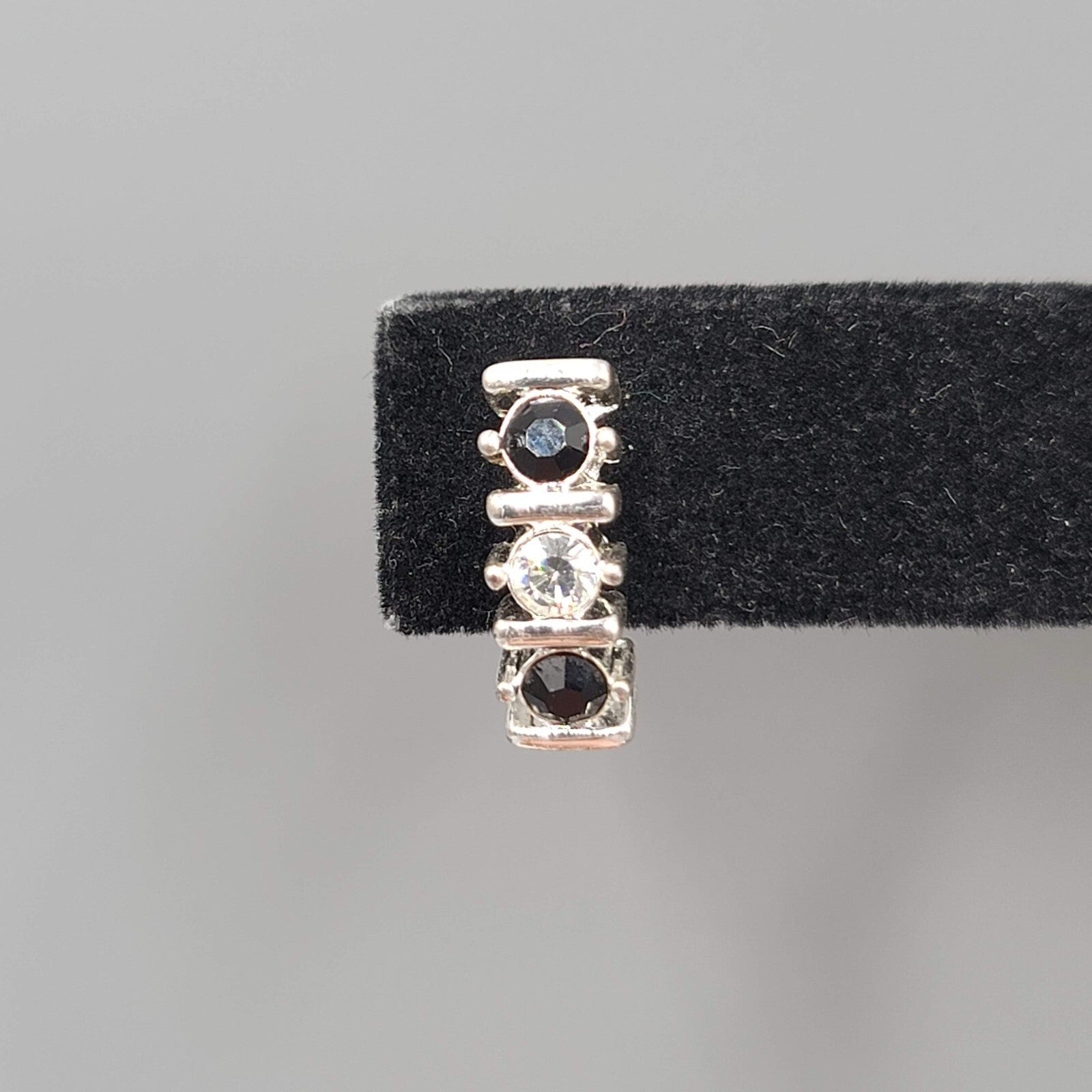 Pierced Earrings Silver tone Black Clear Crystal Drop Minimalist 5/8" 