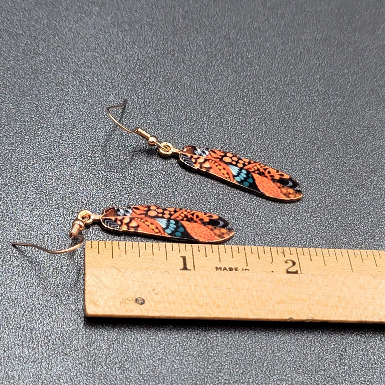 Metal Feather Pierced Earrings Ornage Blue Gold tone Dangle 1.5"