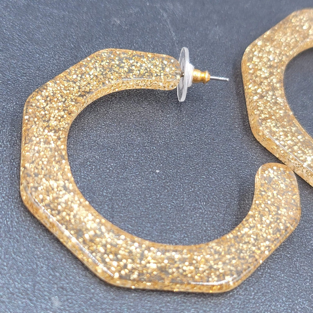 Pierced Earrings Gold Glitter Acrylic Large Hoops Dangle 2"