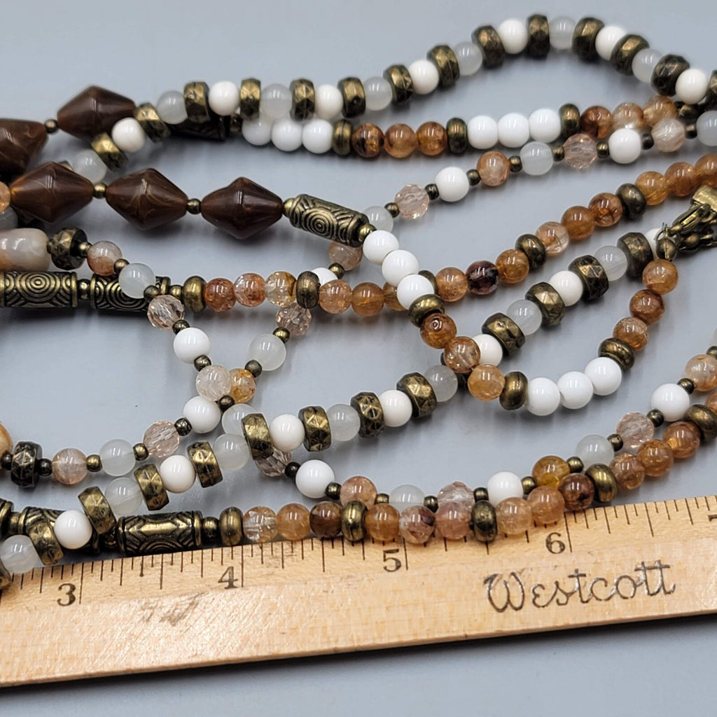 Premier Designs Necklace Bronze tone Brown White Bead 16"+