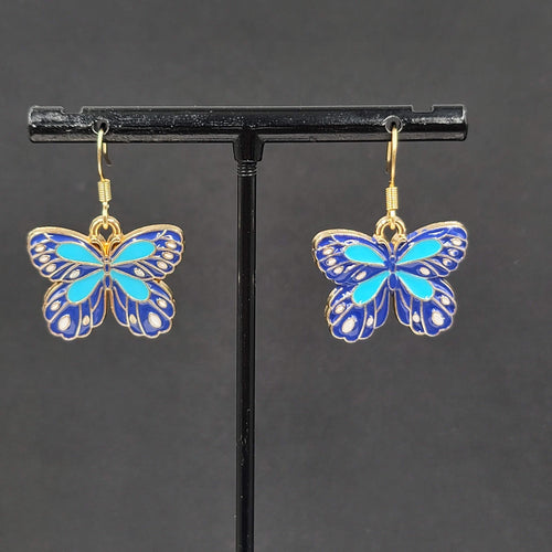 Blue Moth Enamel Pierced Earrings Gold tone Dangle Butterfly 3/4"