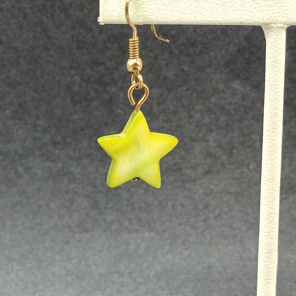 Pierced Earrings Gold tone Hook Green Dyed Shell Star Bead Dangle  5/8"
