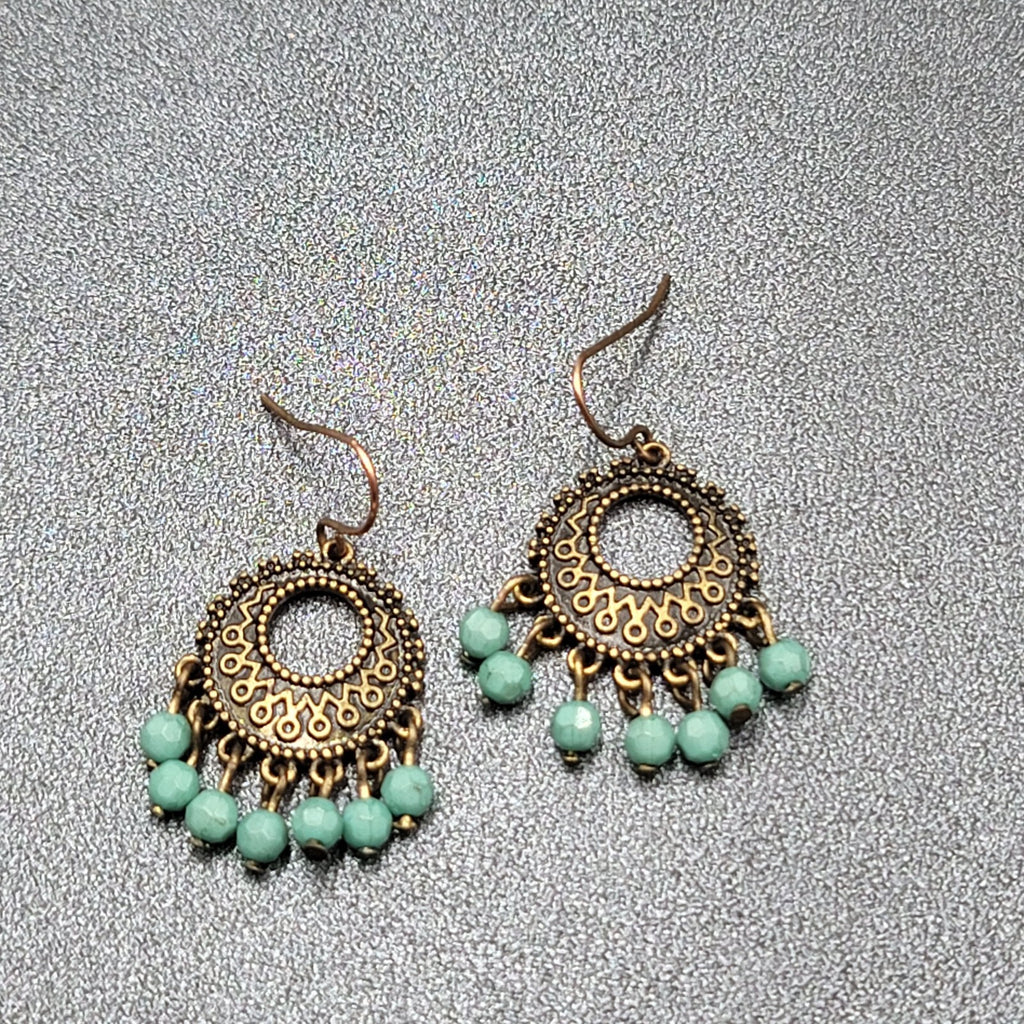 Pierced Earrings Bronze tone Blue Bead Medallion 1"