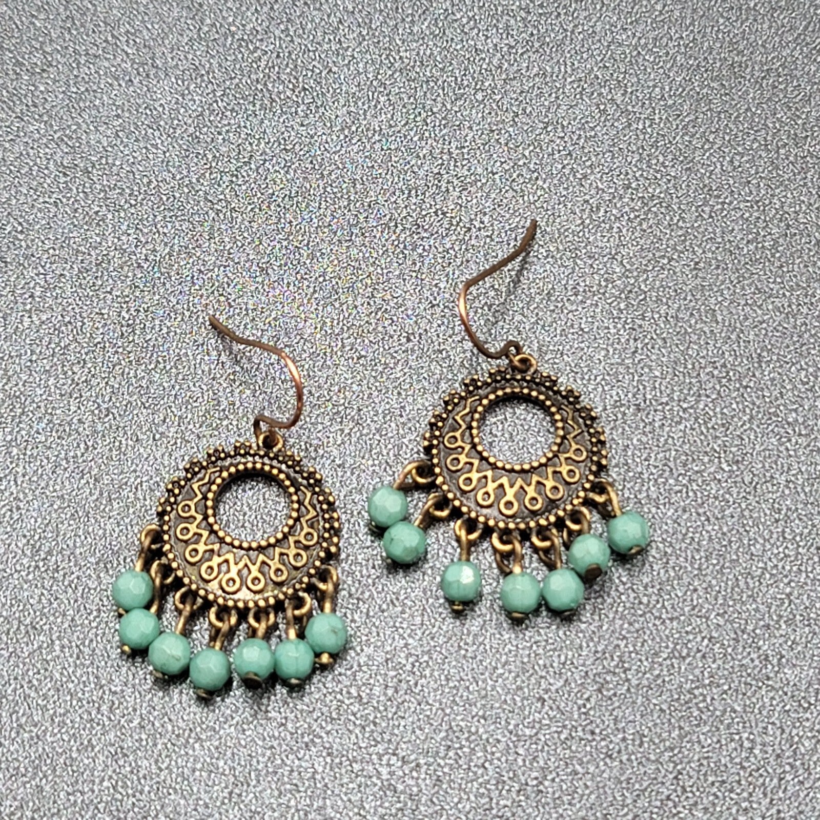Pierced Earrings Bronze tone Blue Bead Medallion 1"