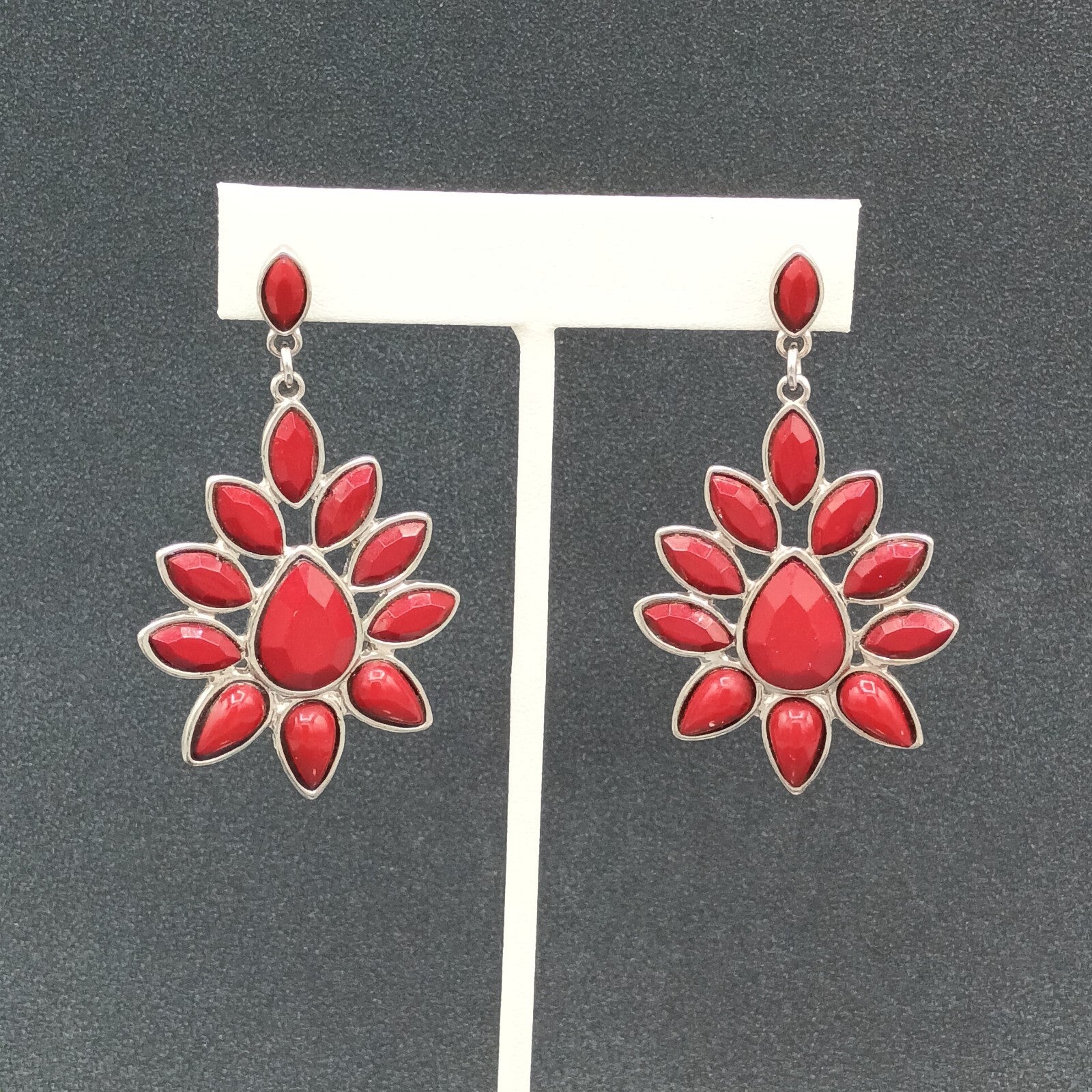 Pierced Earrings Silver tone Red Accent Chandelier Dangle 2.25"