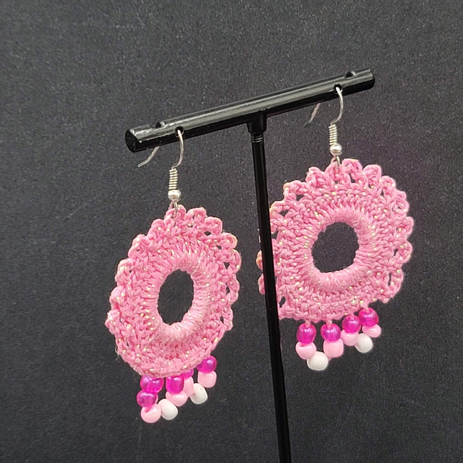 Pierced Earrings Pink Crochet Bead Dangle 1 7/8"