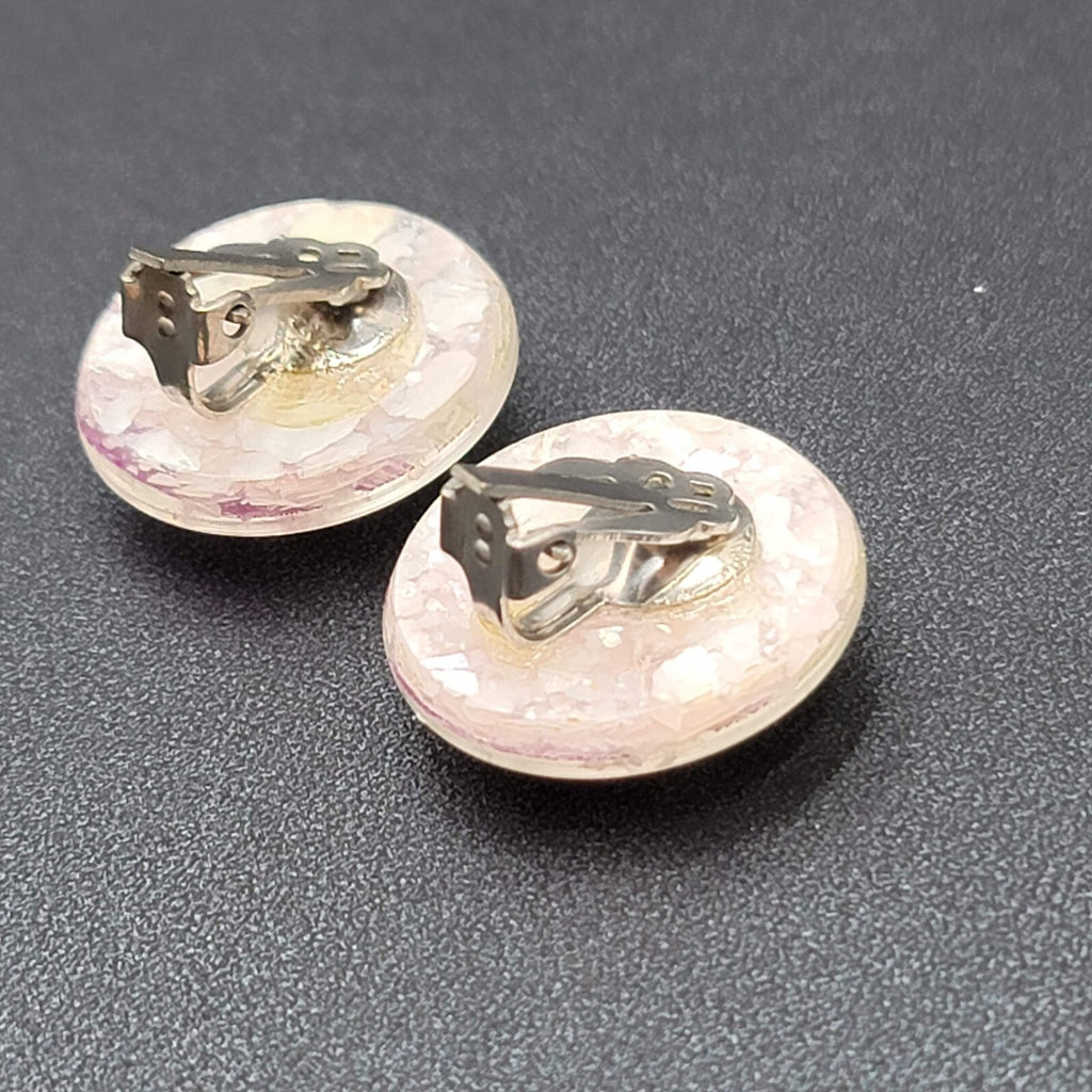 Vintage Clip on Earrings Purple Green White Lucite Round Button Studs 1"