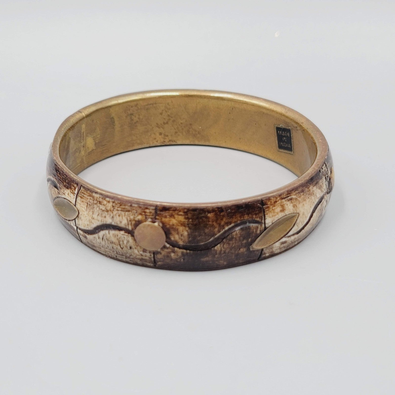 Vintage Bangle Bracelet Bovine Cow Bone Brass Inlay Made in India