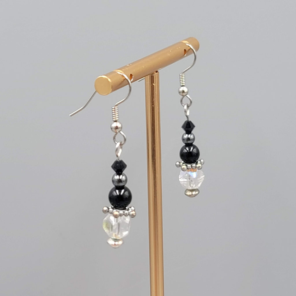 Black Glass AB Crystal Bead Pierced Earrings Silver tone Dangle   1 1/8"
