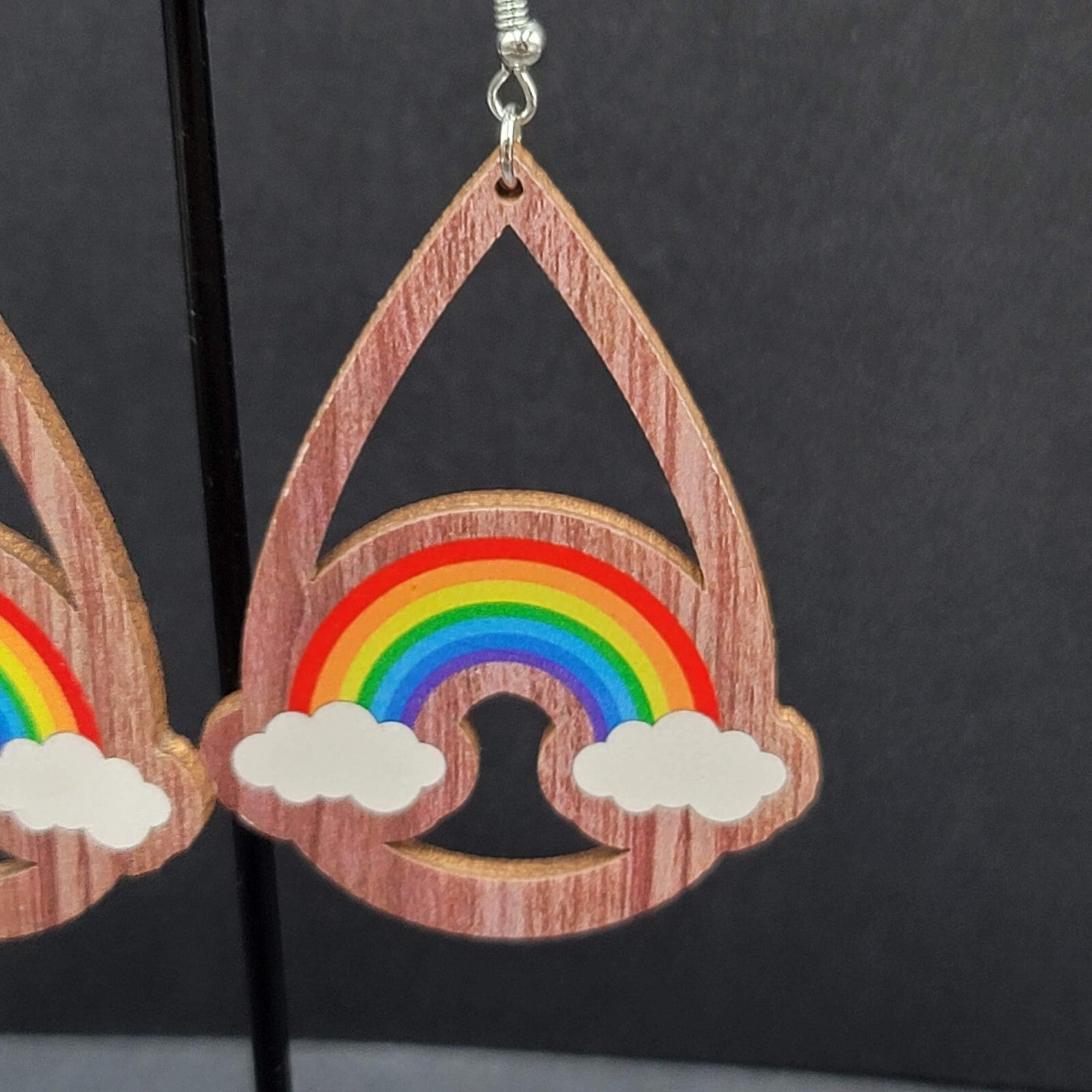 New Rainbow Pierced Earrings Pride Wood Teardrop Dangle 2.25"