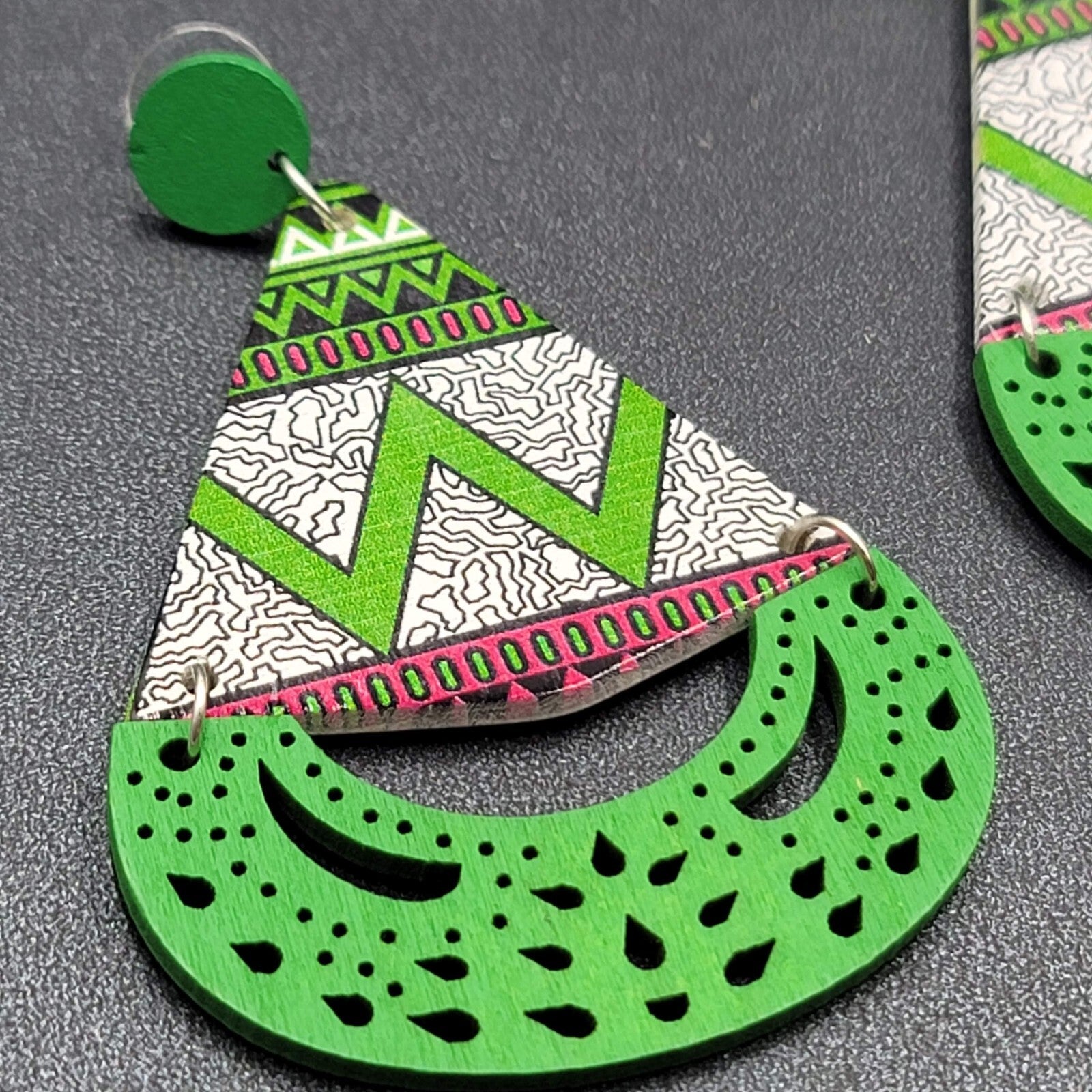 Pierced Earrings Green Multicolor Wood Statement Dangle Large 3"