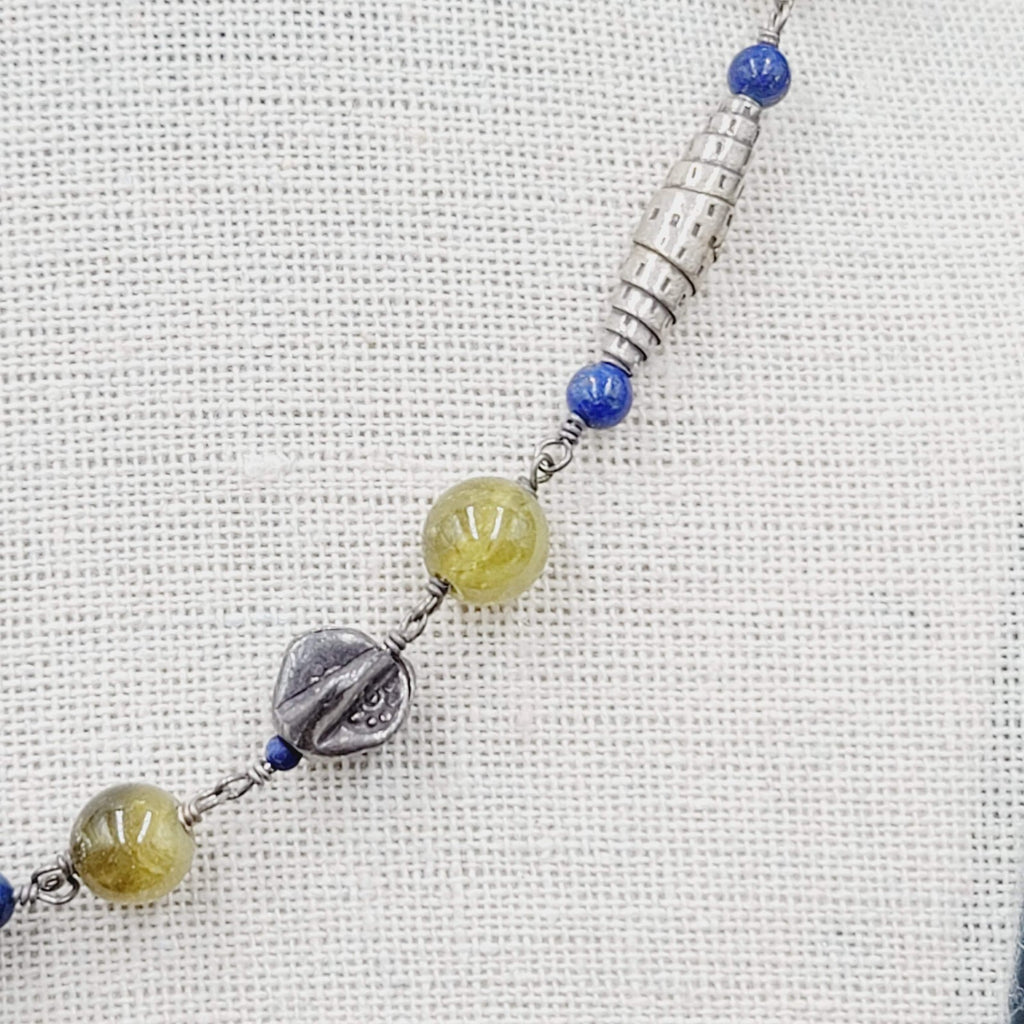 Sterling Silver Necklace Green Glass Blue Lapis Beads 18"-20"