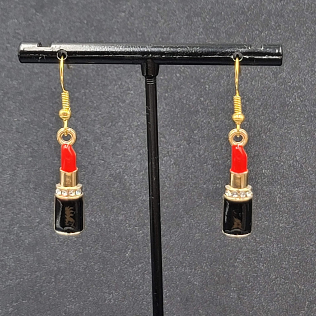 Lipstick Pierced Earrings 3D Gold tone Red Black Enamel Crystal Dangle 1"
