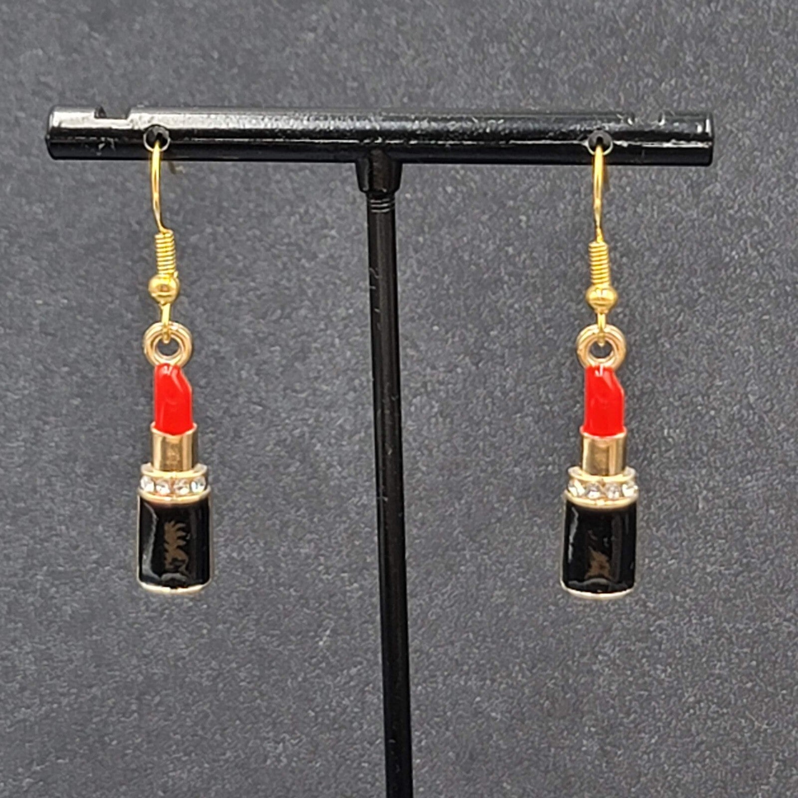 Lipstick Pierced Earrings 3D Gold tone Red Black Enamel Crystal Dangle 1"