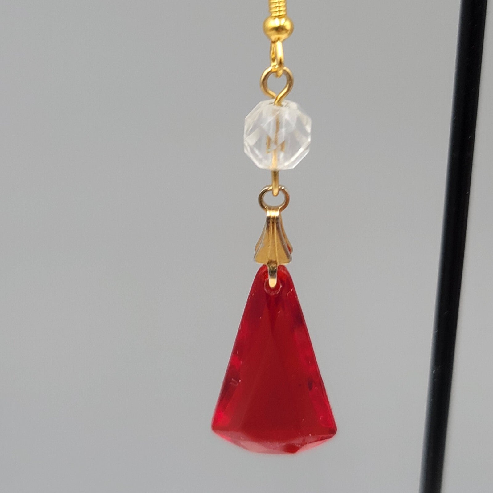 Pierced Earrings  Gold tone Red Clear Acrylic Bead Dangle 1.75" Lightweight