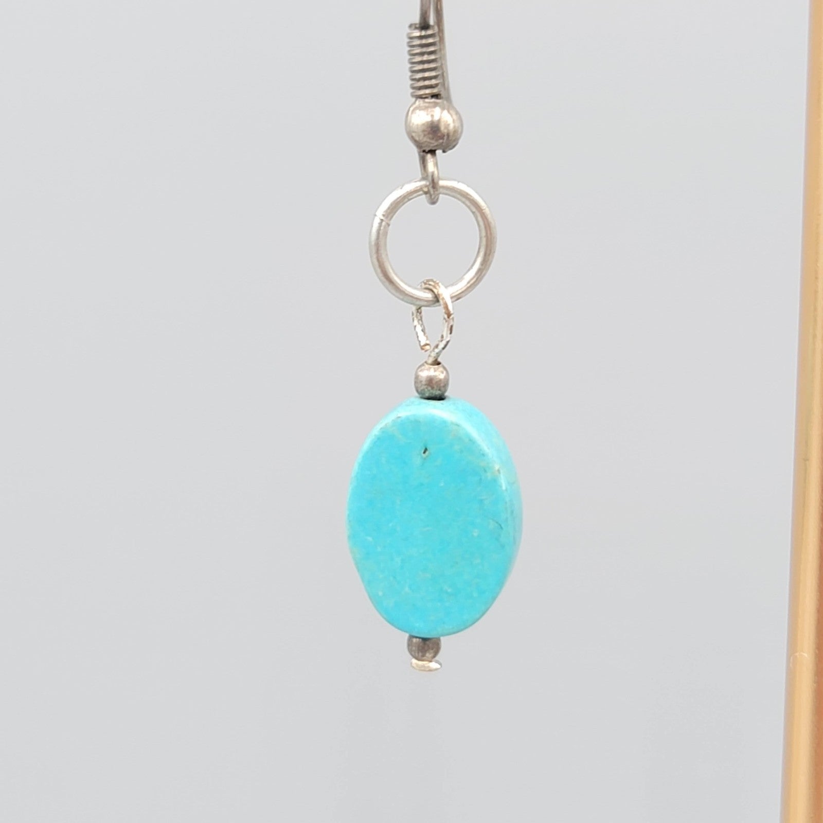 Oval Turquoise Bead Pierced Earrings Silver tone Dangle 1 1/8 in
