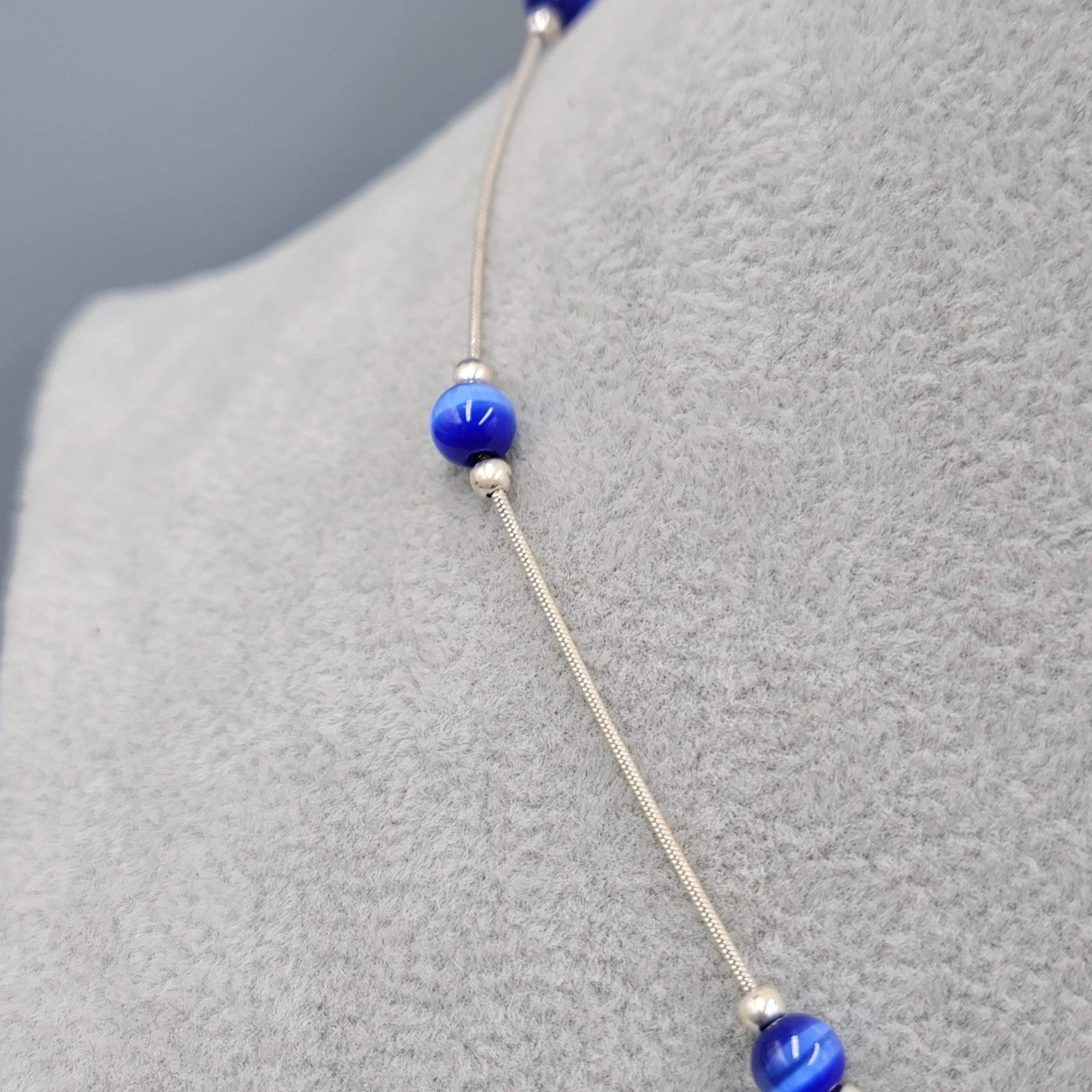 Royal Blue Cats Eye Station Sterling Silver Necklace 925 - 16"