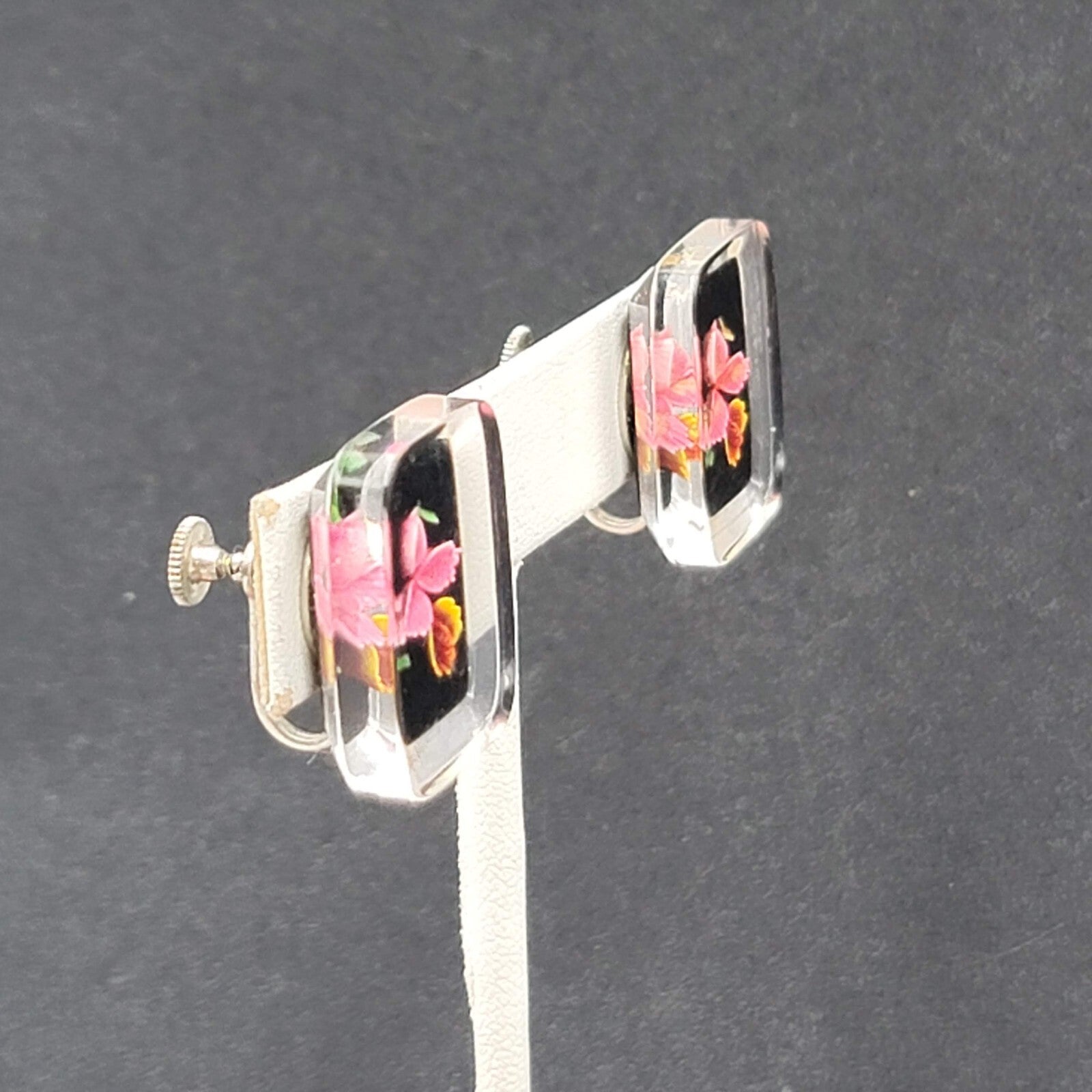 Vintage Clip on Earrings Reverse Carved Lucite Flower Drop 7/8"