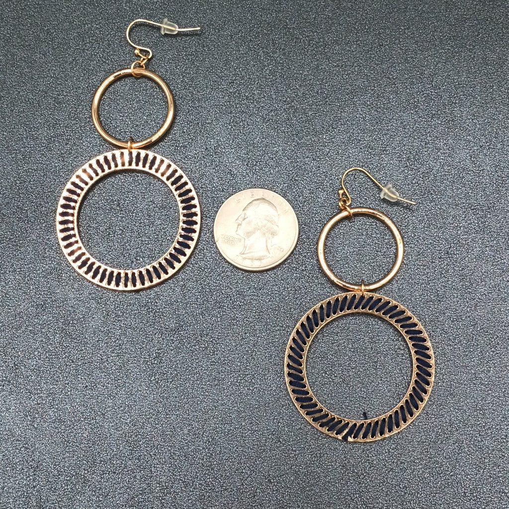Pierced Earrings Gold tone Dangle Hoops Blue String Accents 2.75"