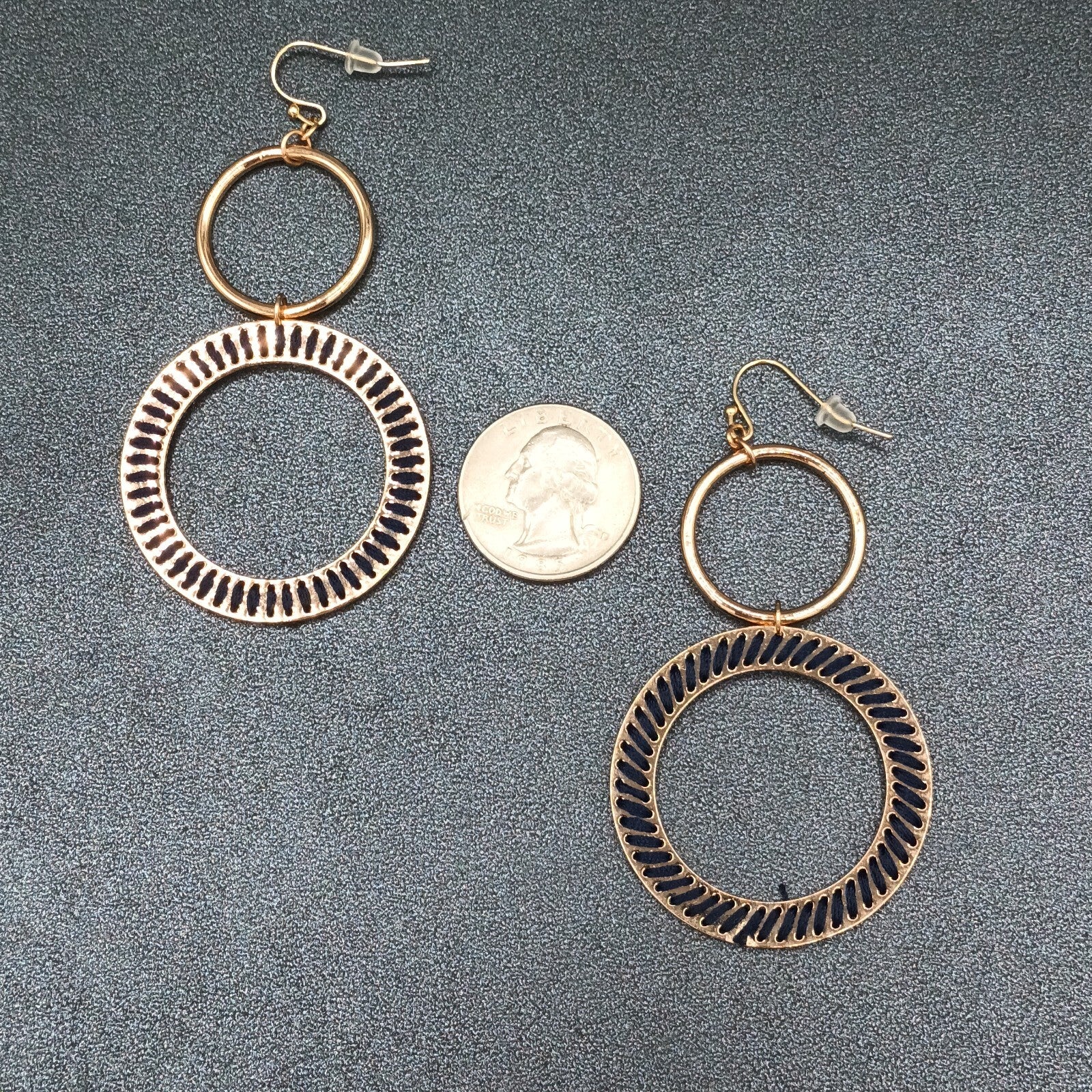 Pierced Earrings Gold tone Dangle Hoops Blue String Accents 2.75"