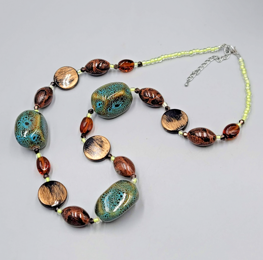 Statement Pottery Bead Necklace Eclectic Multicolor 24"