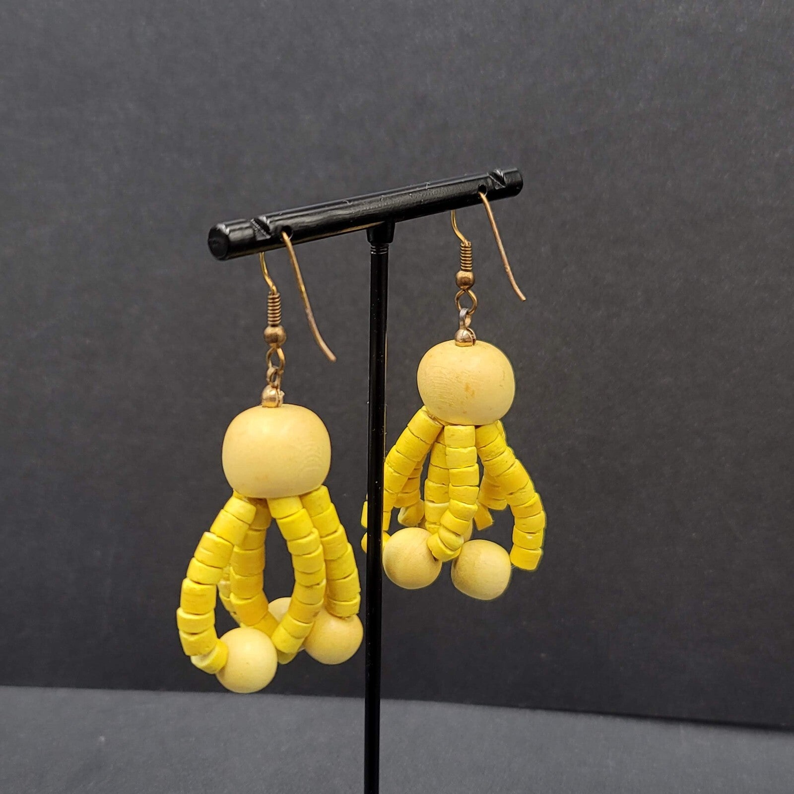 Vintage Pierced Earrings Wood Yellow Bead Dangle 1.75"