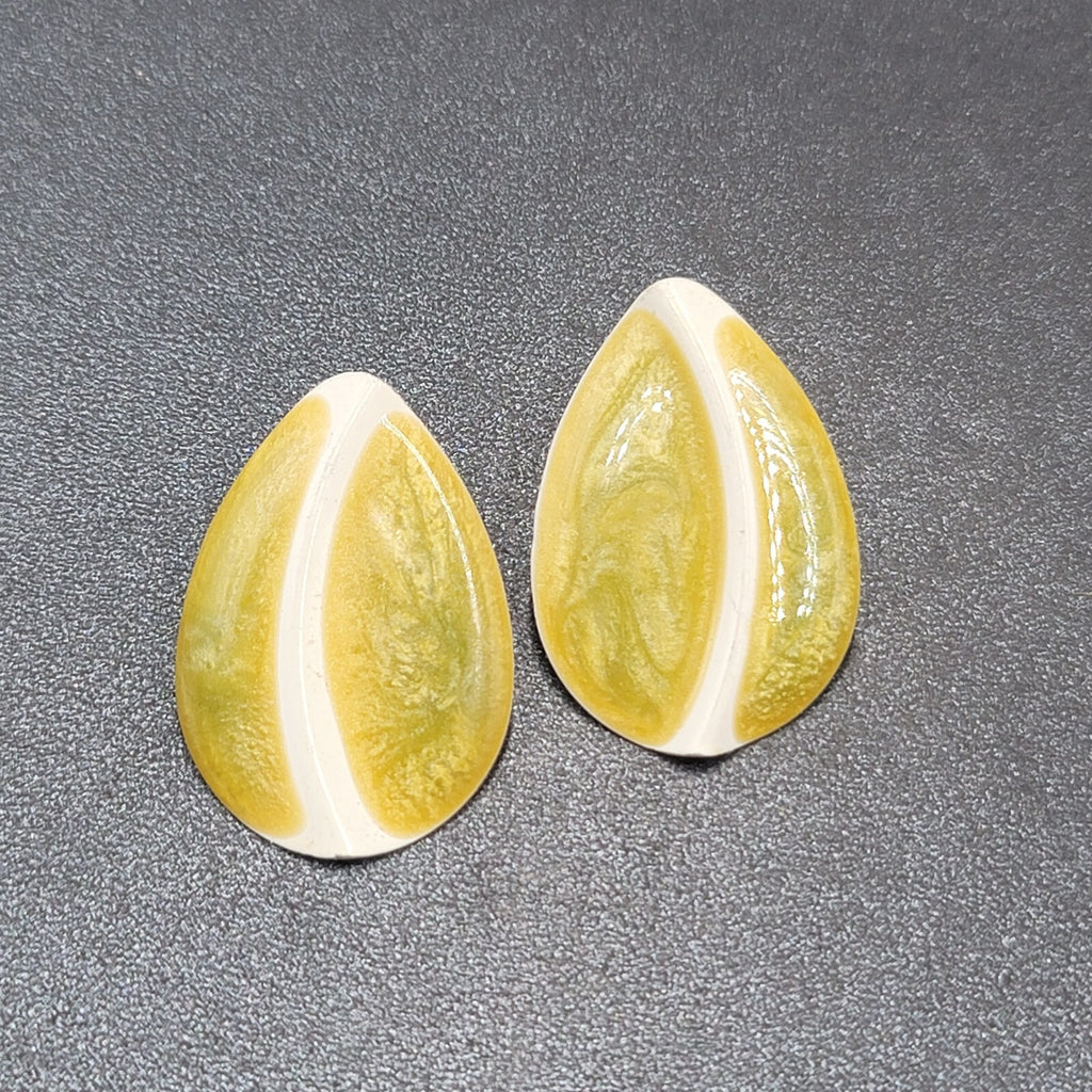 Vintage Pierced Earrings Green White Enamel Drop 1 3/8"