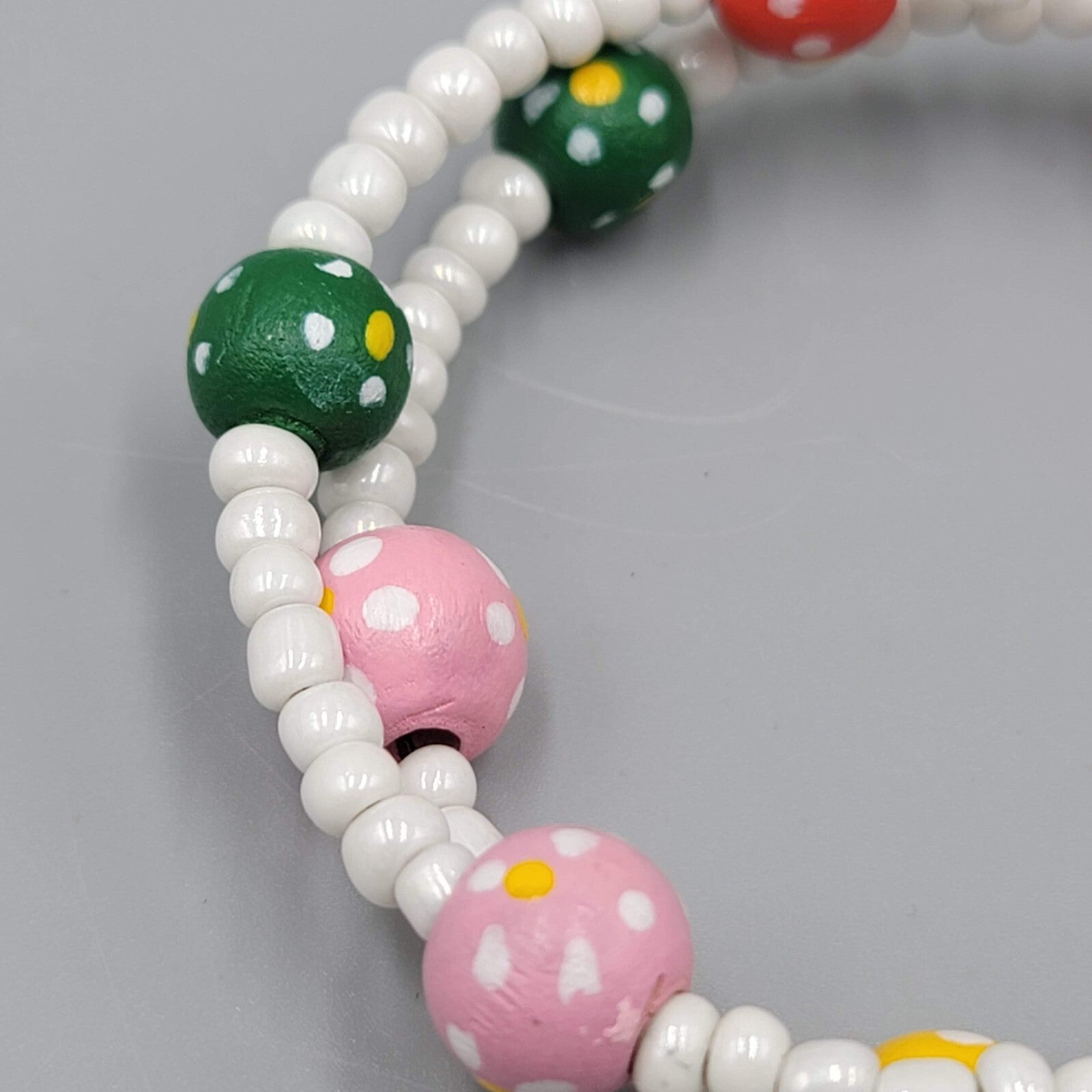 Memory Wire Bracelet Hand Painted Wood Beads White Seed Bead Adj.