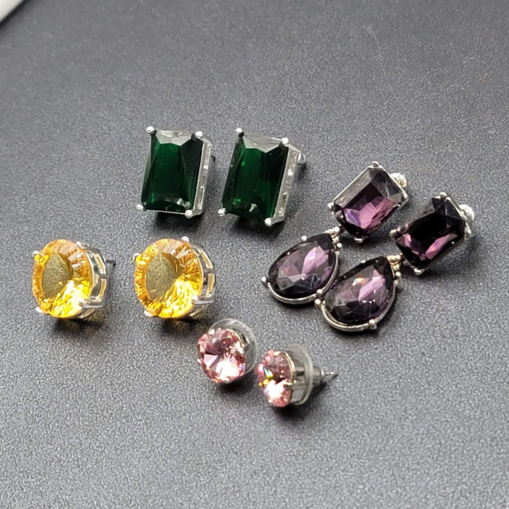 Lot of 4 Pierced Earrings Green Yellow Purple Pink Crystal Dangle Studs