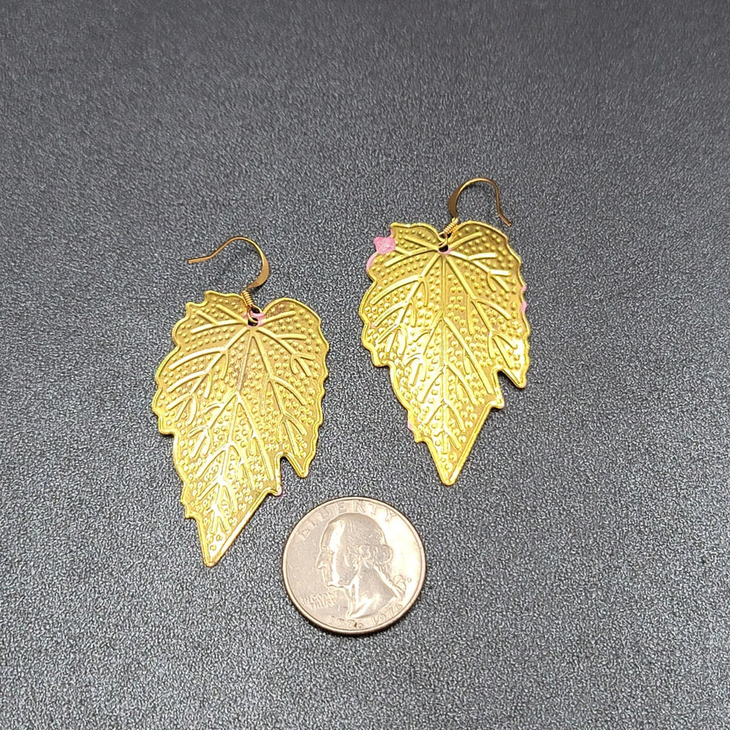 Pierced Earrings Gold tone Large Pink Dangle Leaves Statement 2"