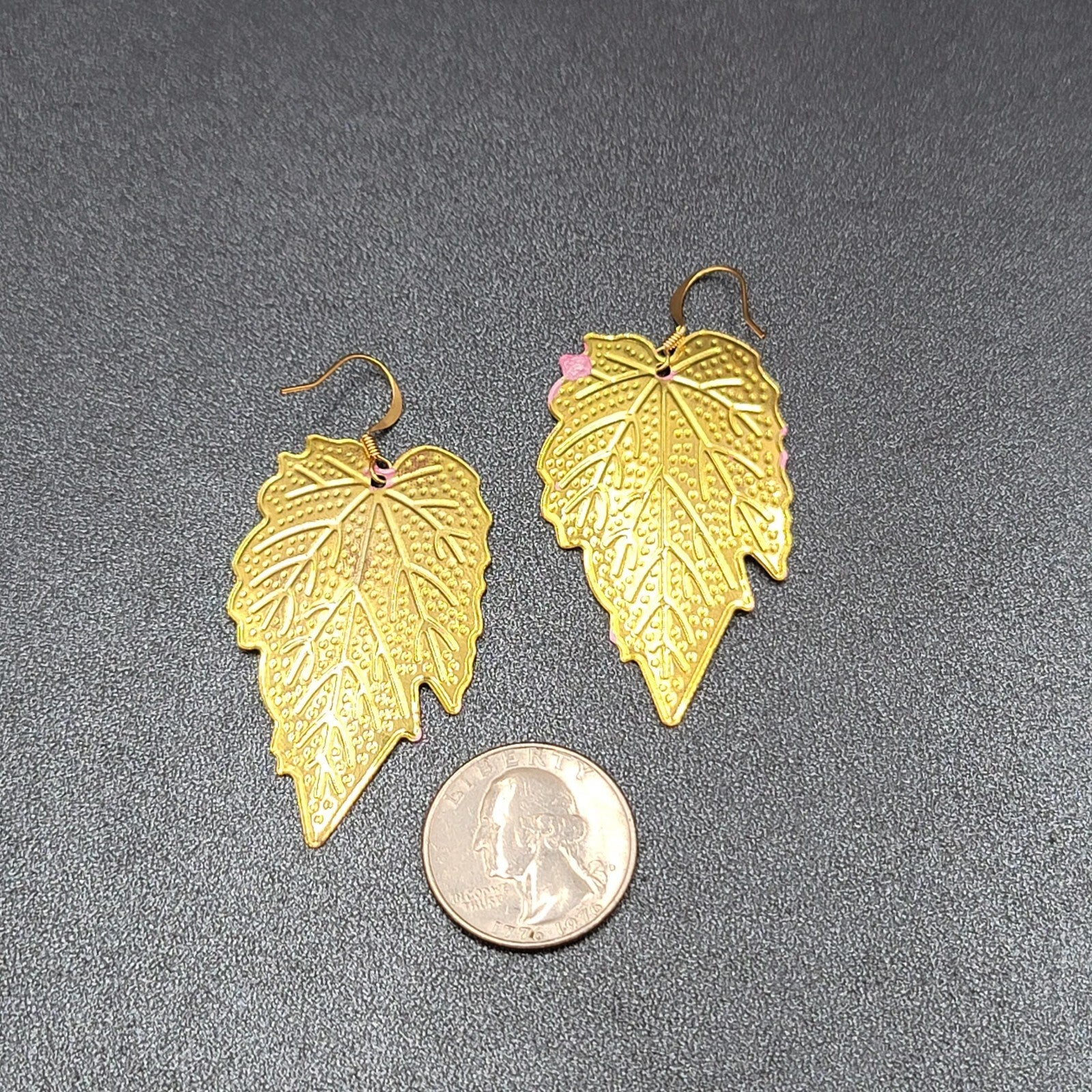 Pierced Earrings Gold tone Large Pink Dangle Leaves Statement 2"