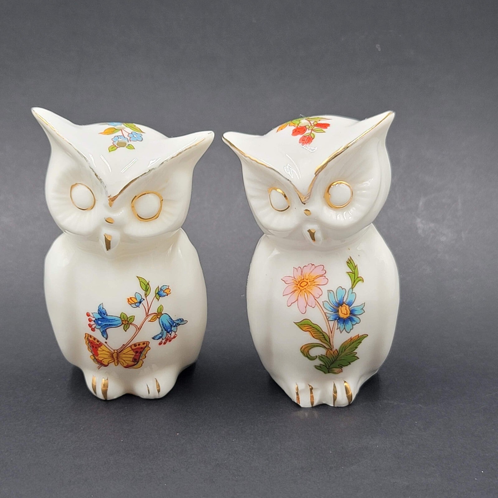 Vintage Bone China SALT and PEPPER Shakers Owls Flowers Butterfly 3.25 in