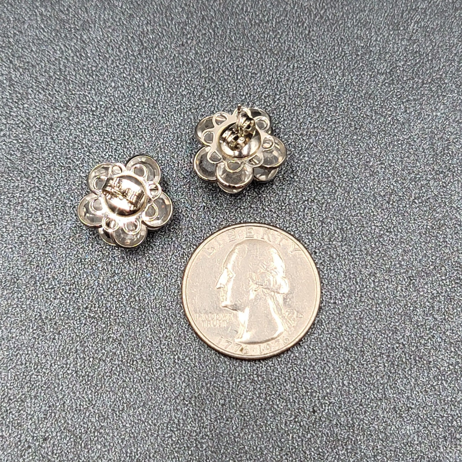 Flower Pierced Earrings Silver tone Clear Faceted Glass Studs 5/8"
