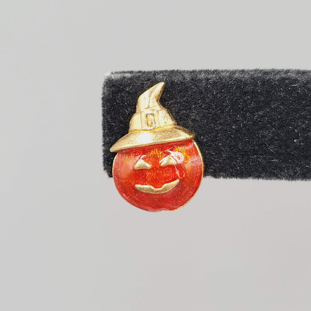 Avon Jack o Lantern Pierced Earrings Gold tone Orange Enamel Studs 5/8"