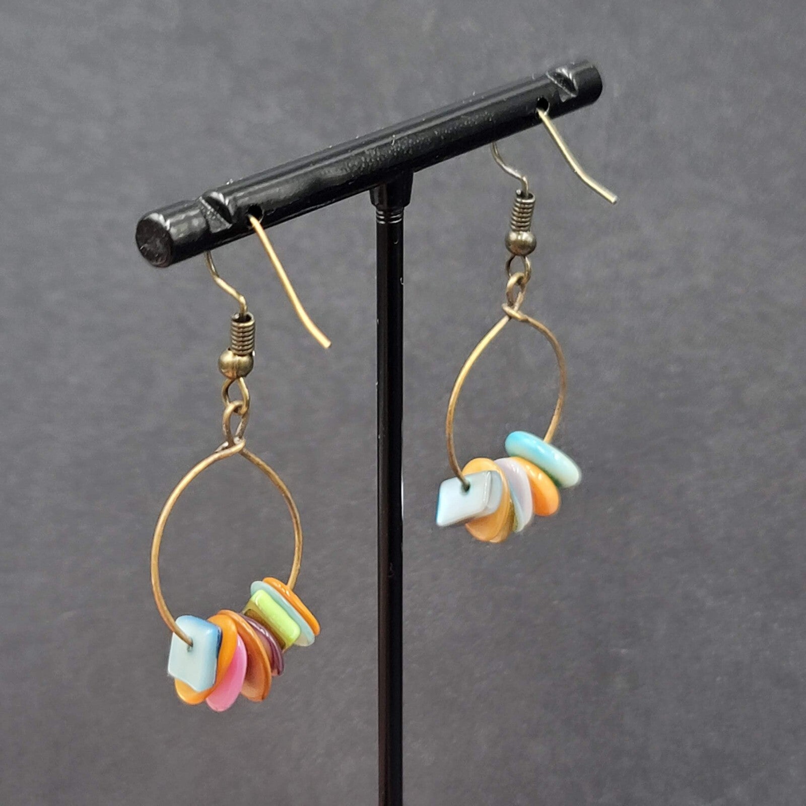 Pierced Earrings Multicolor Shell Beads Dangle Hoops 1 1/8"