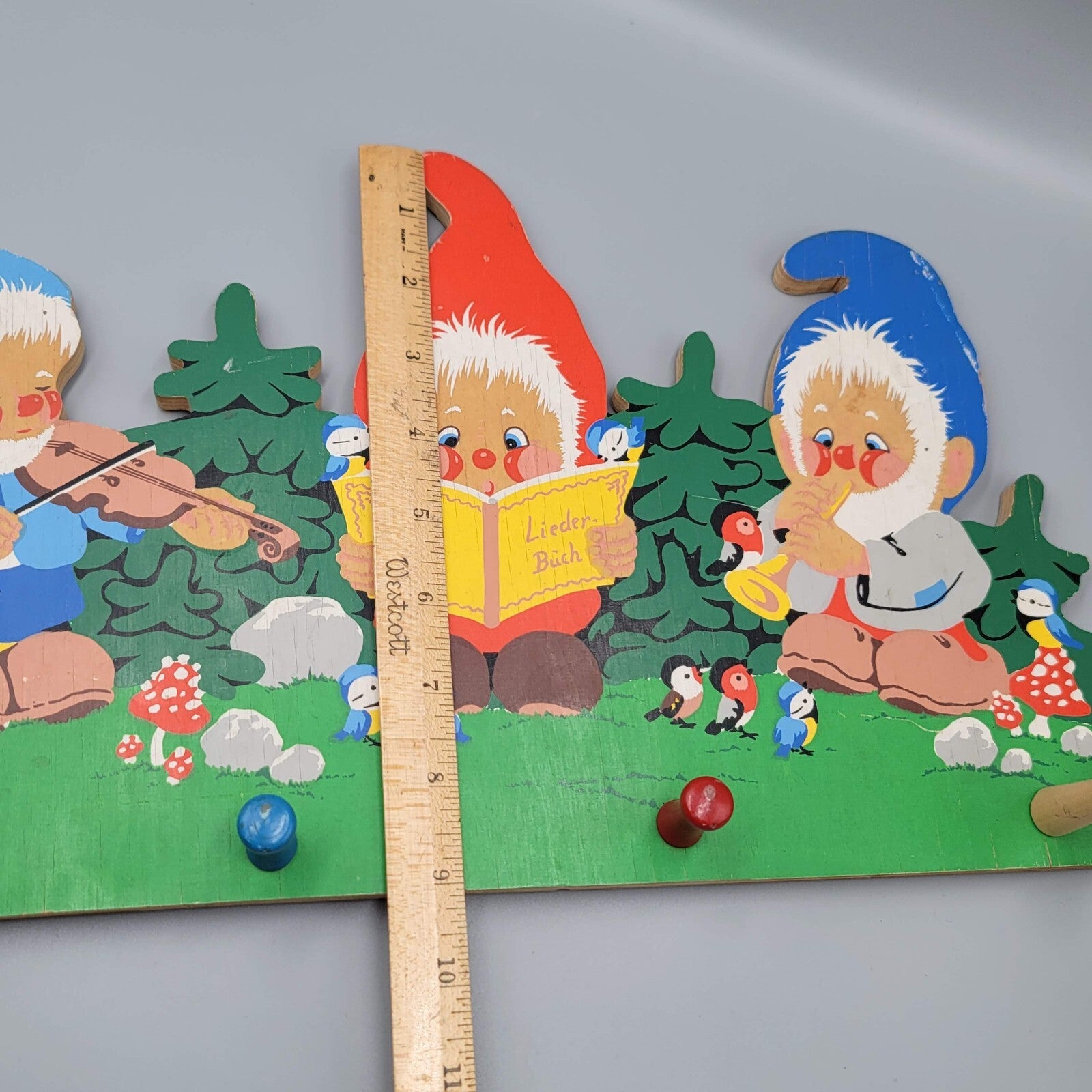 Vintage Grossman Winkl Garden Gnomes Childrens Wood Coat Hat Rack Germany
