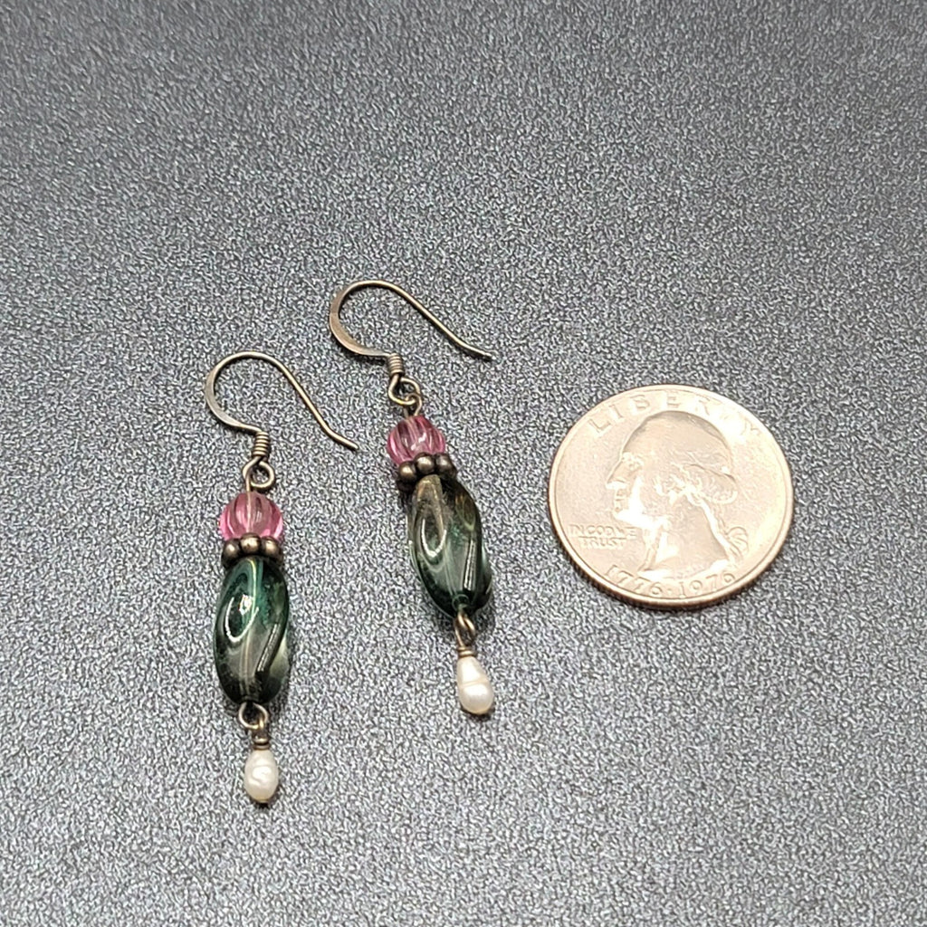 Art Glass Pearl Pierced Earrings Sterling Silver Beaded Dangle 1.25"
