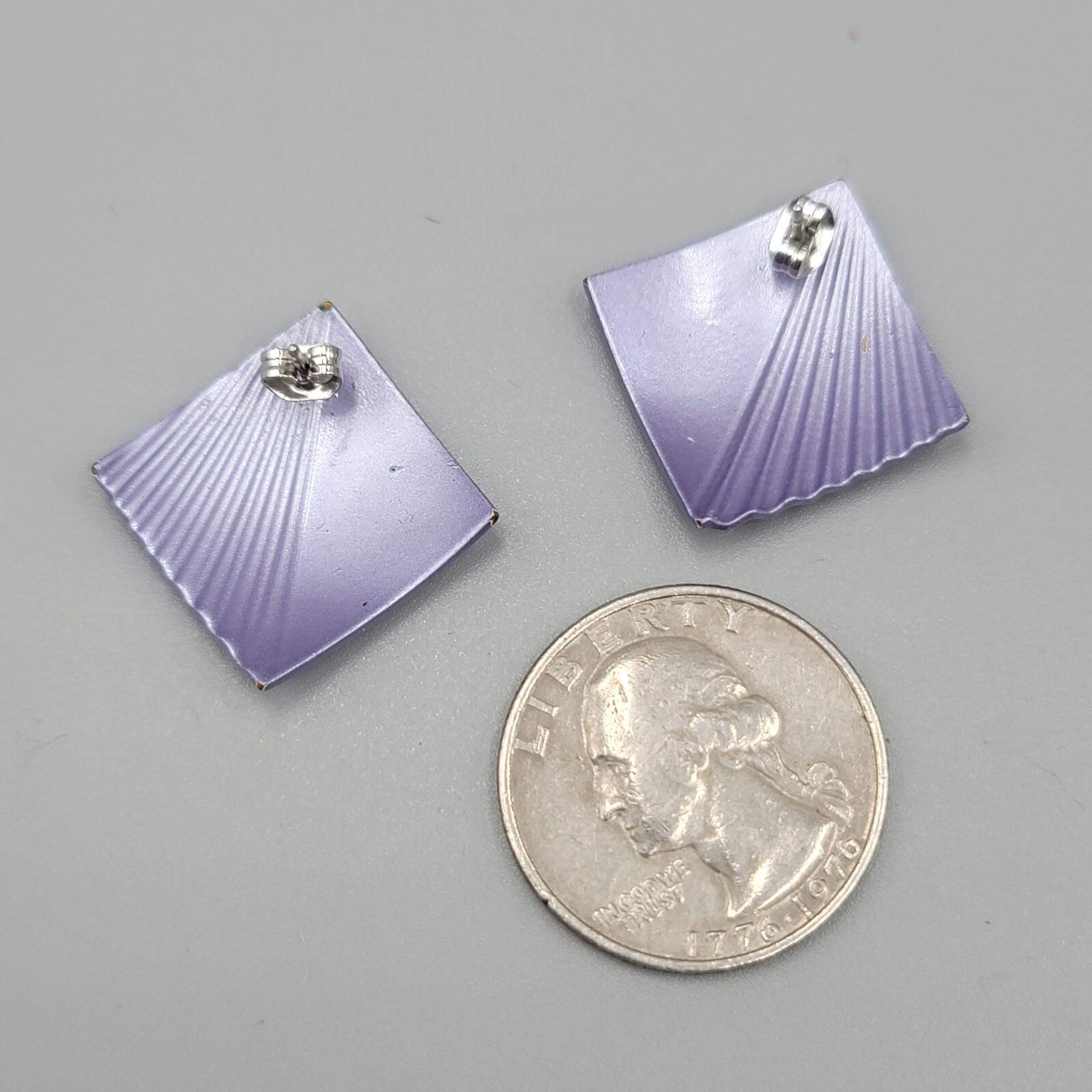 Vintage Pierced Earrings Satin Enamel Lavender Purple Square Drop 1"