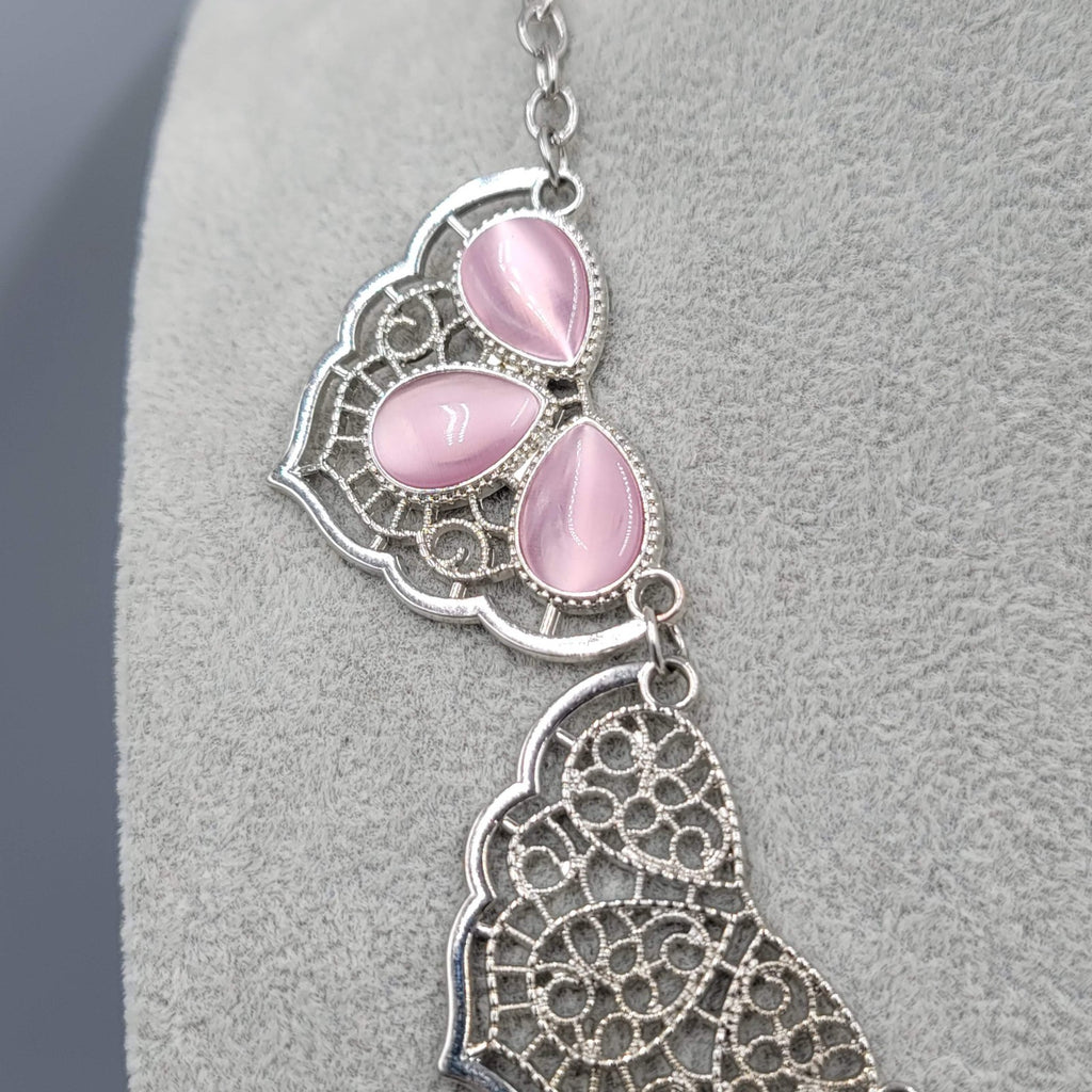 Purple Teardrop Cats Eye Necklace Filigree Silver tone 18"-20"