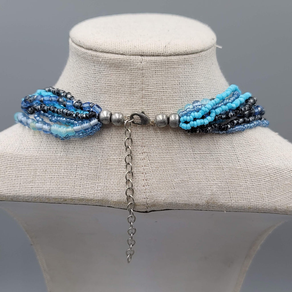 Multi Strand Blue Bead Twist Necklace Layered Silver tone 14"-17"