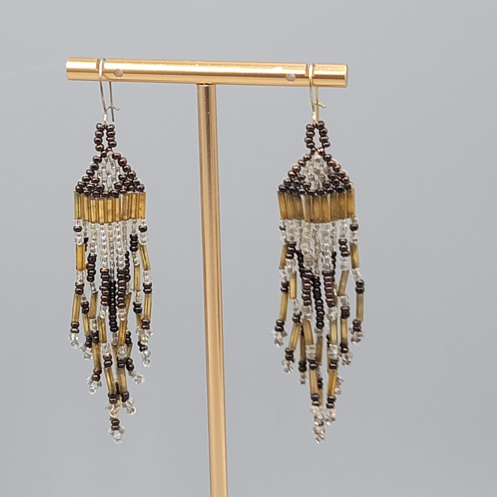 Vintage Seed Bead Tassel Pierced Earrings Clear Gold tone Black 2.75 in