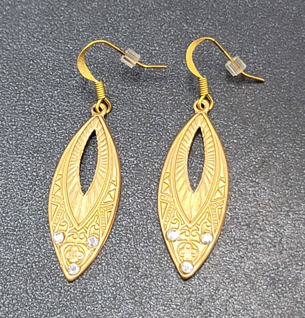 Pierced Earrings Gold tone Rhinestone Dangle 1.5"