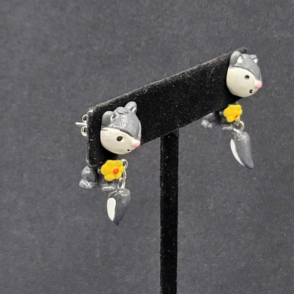 Vintage Pierced Earrings Gray Hand Painted 3D Skunk Dangle 1.25"