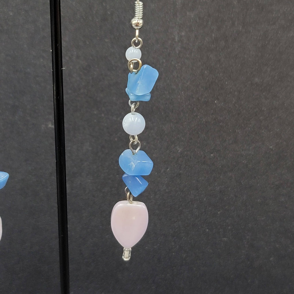 Pierced Earrings Blue Stone Chip Bead Dangle Silver tone 2.75"