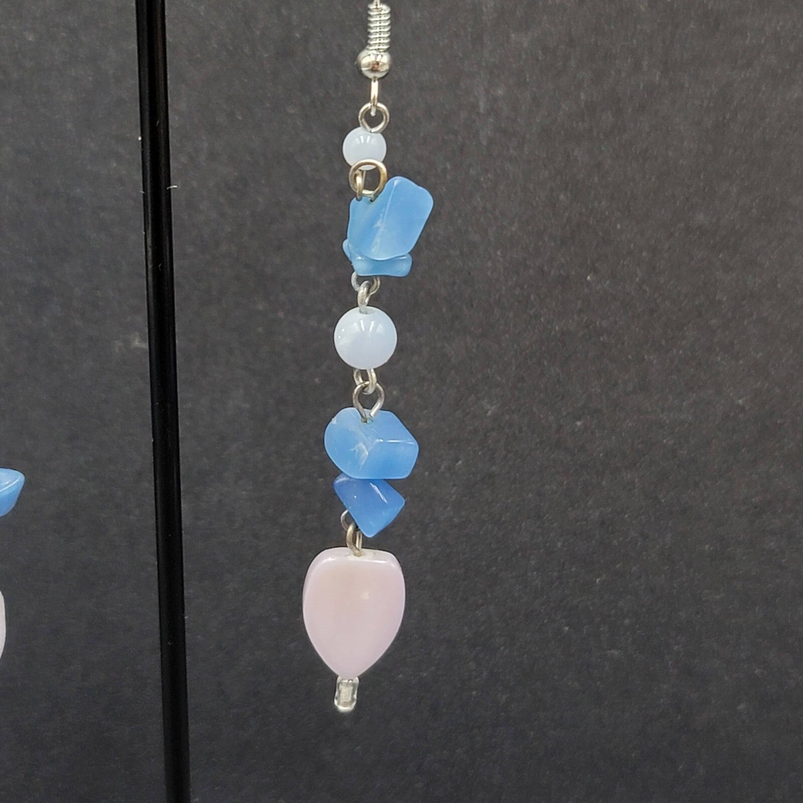 Pierced Earrings Blue Stone Chip Bead Dangle Silver tone 2.75"