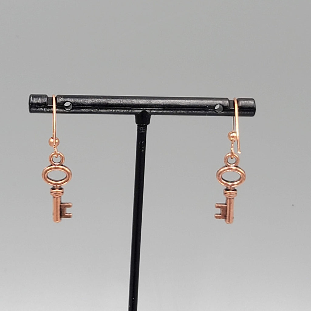 Copper tone Skeleton Key Pierced Earrings Dangle Small 3/4"
